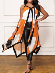 Geometric Pattern Split Tank Top Sleeveless Long Length Top