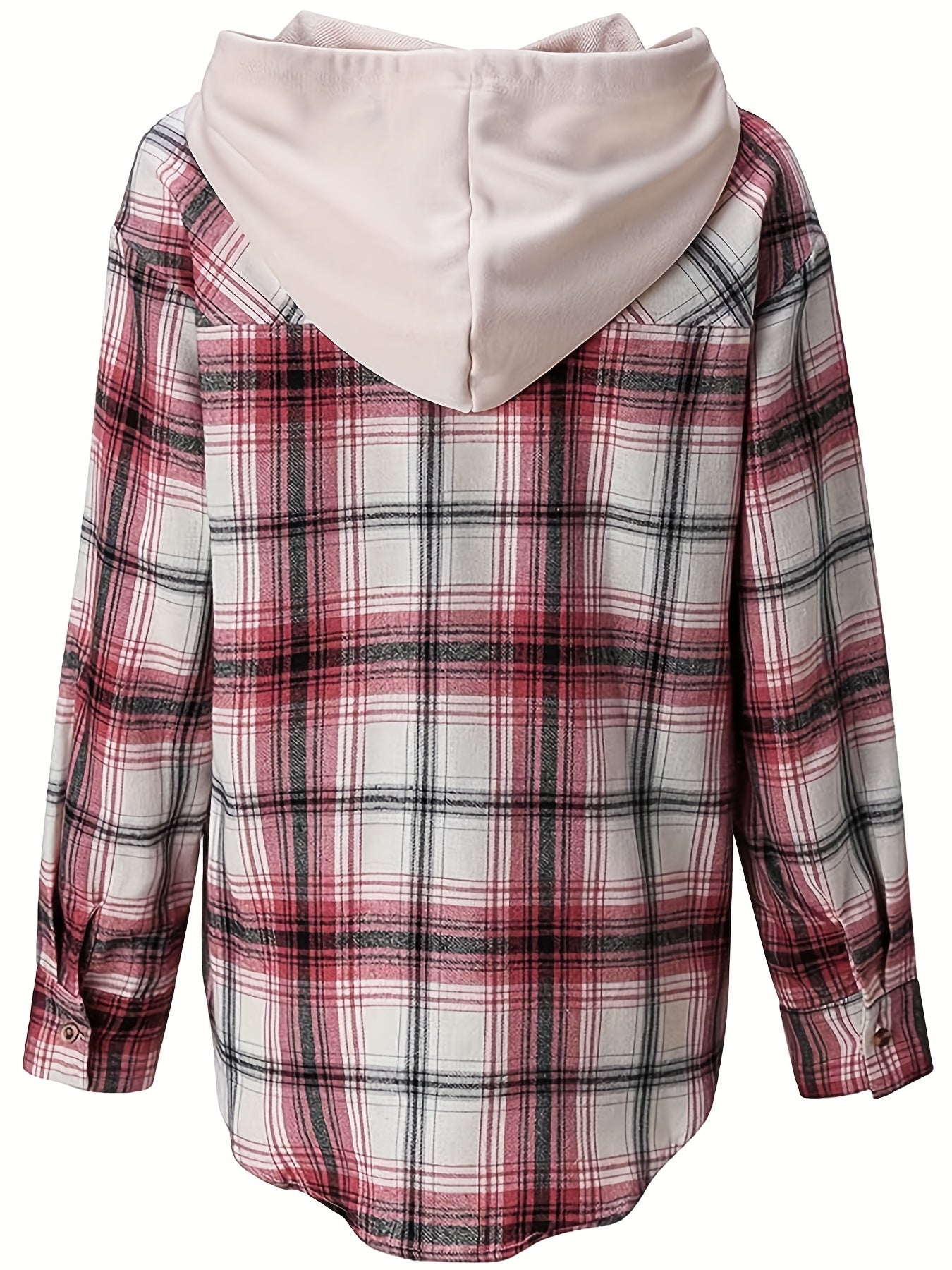  Plaid Print Button Up Long Sleeve Drawstring Hooded Shacket