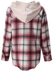  Plaid Print Button Up Long Sleeve Drawstring Hooded Shacket