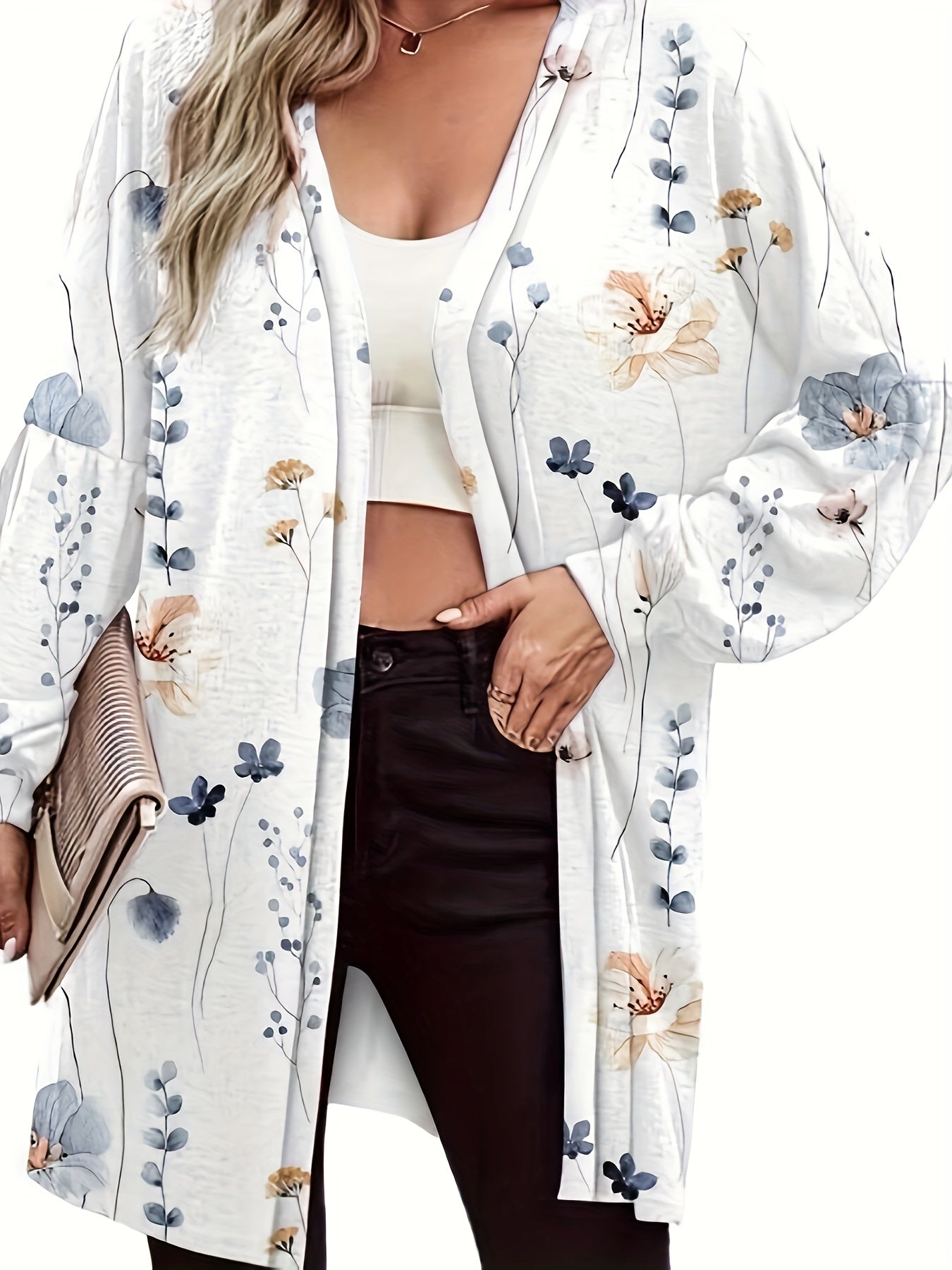  Floral Print Lantern Sleeve Cardigan