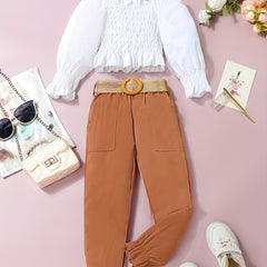 Girl's Shirred Top & Belted Pants Set for Spring Fall