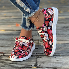 Women's Skateboard Shoes with Love Pattern Decoration Flat Lace-up Canvas Shoes