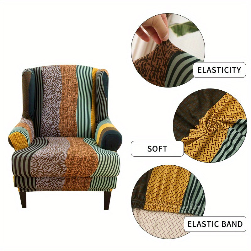 2pcs Wingback Chair Slipcover Spandex Printed Fabric Furniture Protector