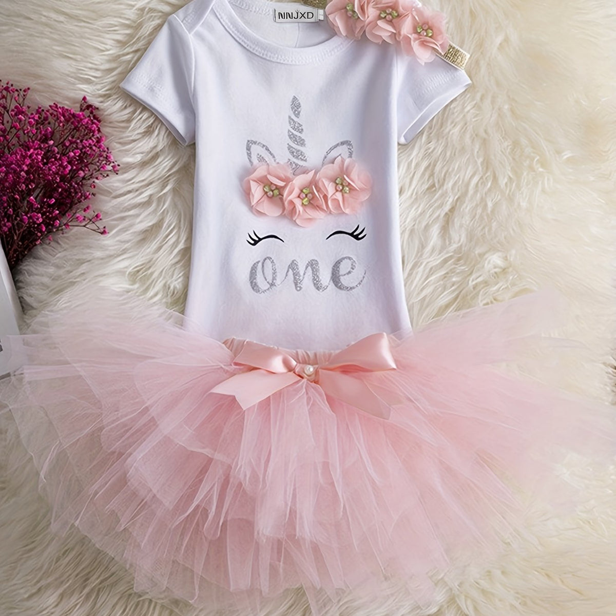 Baby Girls 1st Birthday Outfit Cartoon Print Top Mesh Skirt 3pcs Kids Clothes