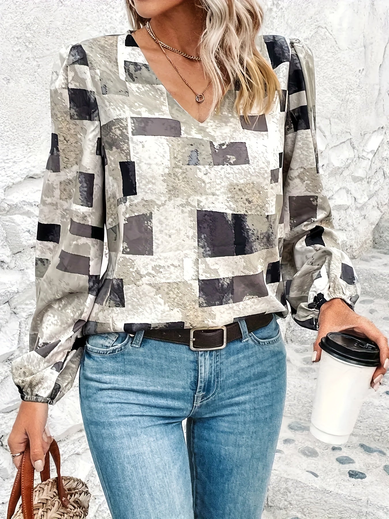  Geometric Print Tie Dye Lantern Sleeve V Neck Blouse