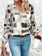  Geometric Print Tie Dye Lantern Sleeve V Neck Blouse