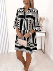  Geometric Print Bell Sleeve Loose Fit Dress