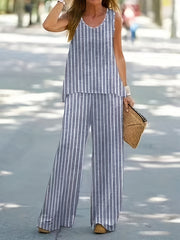 Stripe Print Two piece Set Crew Neck Tank Top & Wide Leg Pants