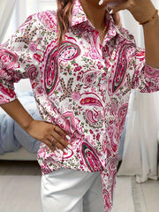  Boho Blouse Paisley Print Button Up Long Sleeve Blouse