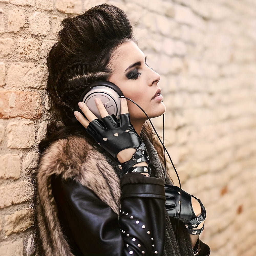 Hollow Out Rivet Punk Gloves PU Leather Fingerless Short Gloves