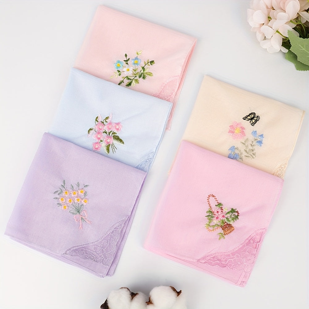 Vintage Floral Embroidered Handkerchiefs Soft Pink Beige Light Purple