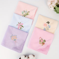 Vintage Floral Embroidered Handkerchiefs Soft Pink Beige Light Purple
