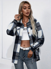  Plaid Print Button Up Long Sleeve Shacket