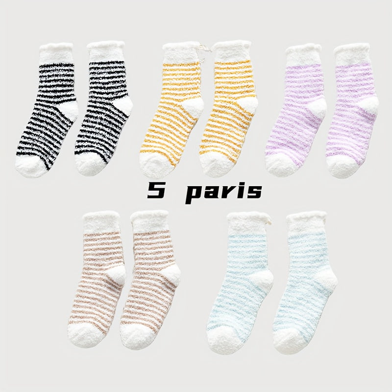 5 Pairs Striped Fuzzy Socks Women's Mid Tube Stockings