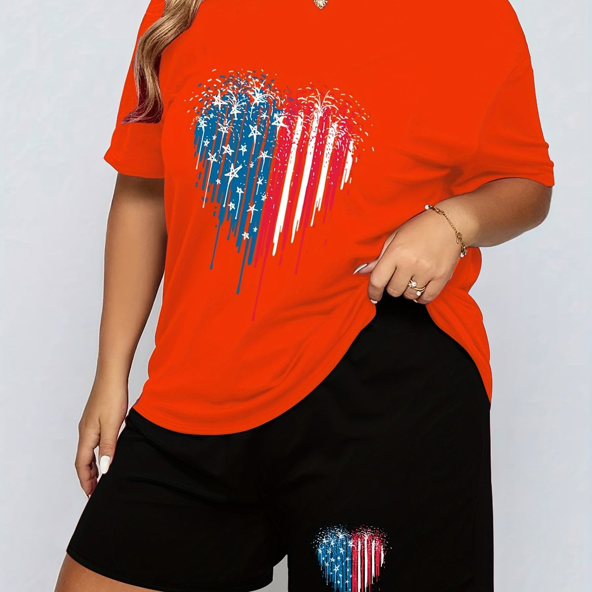  Flag Heart Print Pajama Set Women's Independence Tee & Shorts 2 Piece