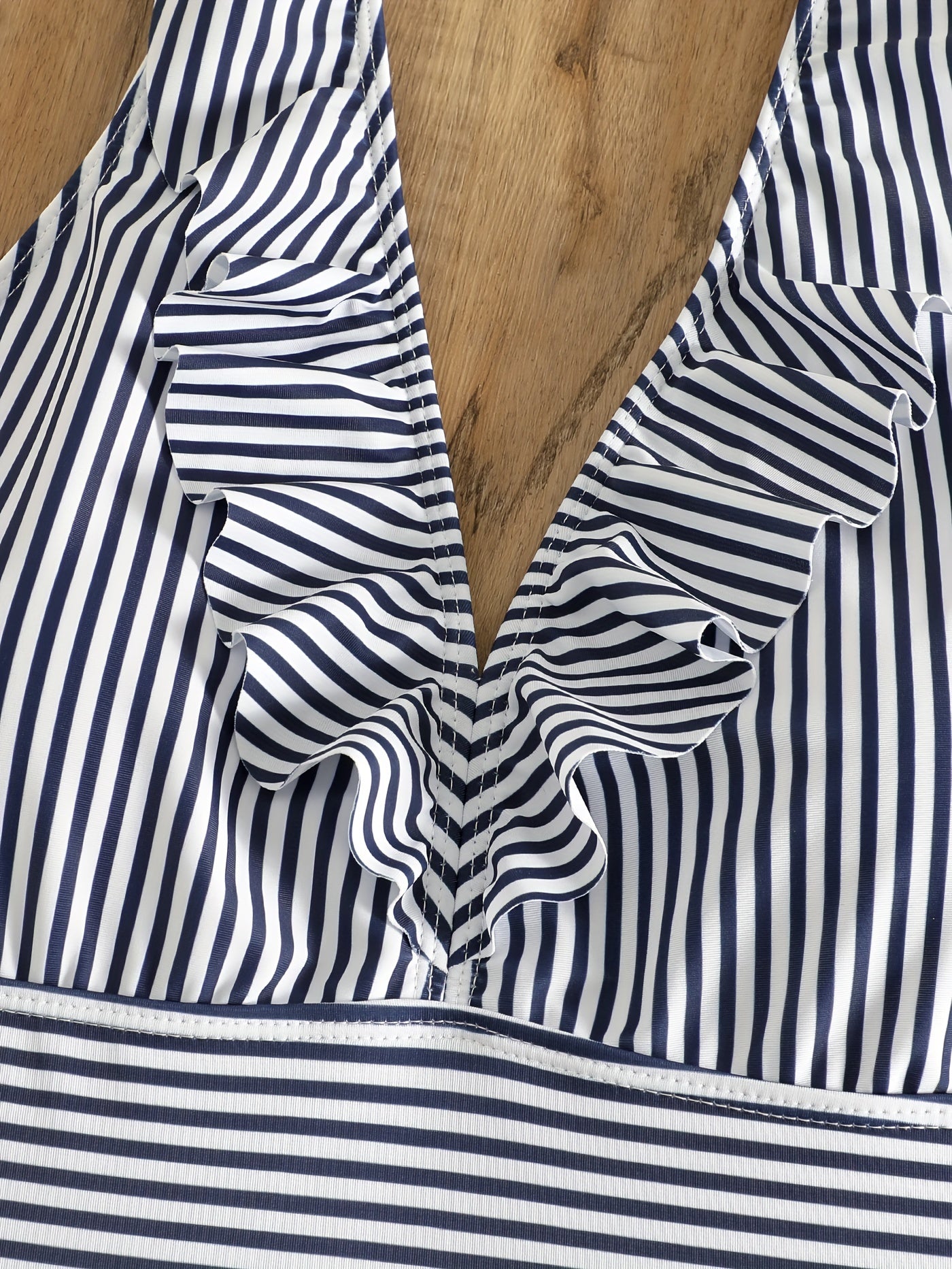  Nautical Stripe Ruffle V Neck One Piece Swimsuit
