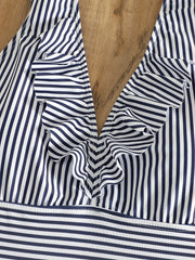  Nautical Stripe Ruffle V Neck One Piece Swimsuit