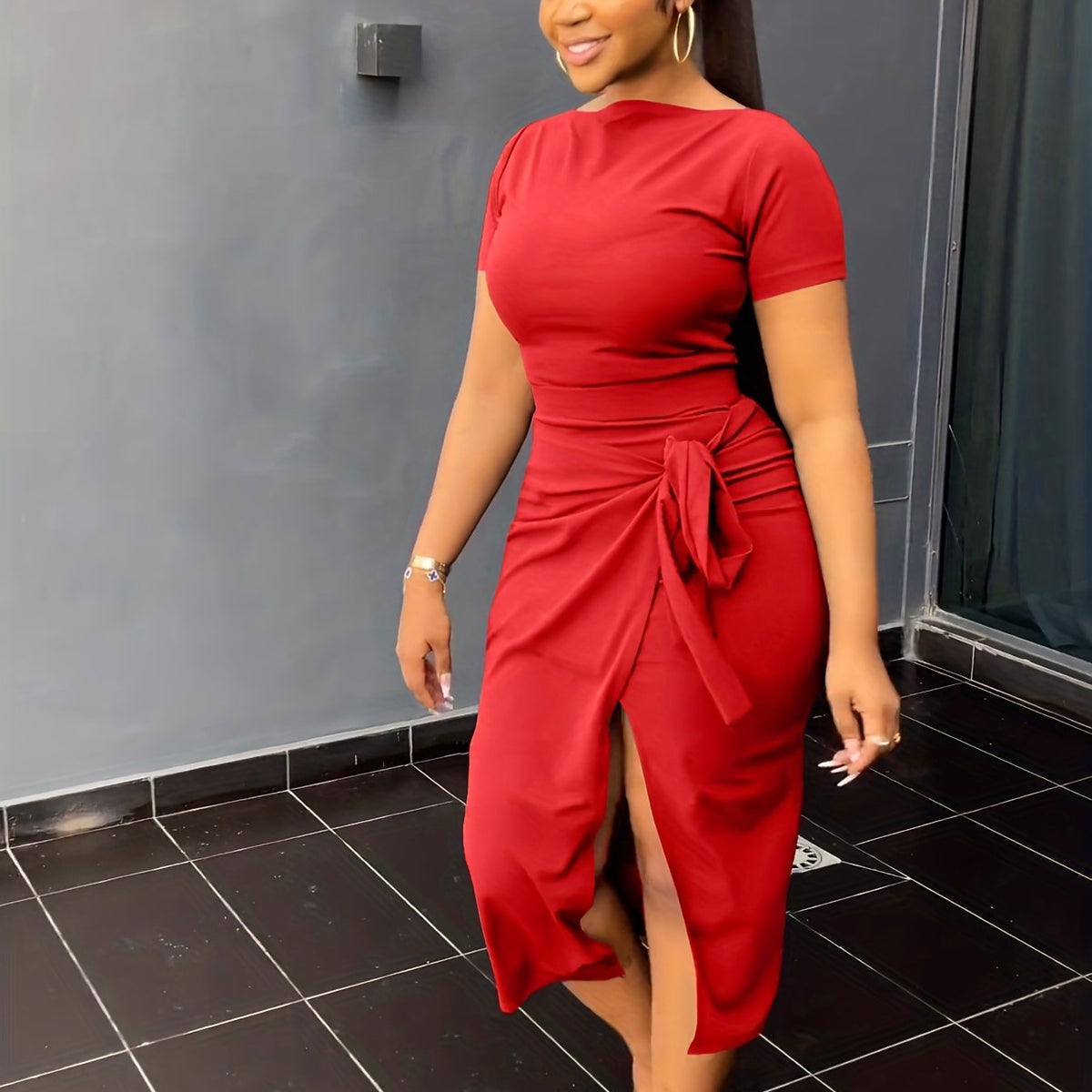 Casual 2pc Short Sleeve Top & Split Skirt Set