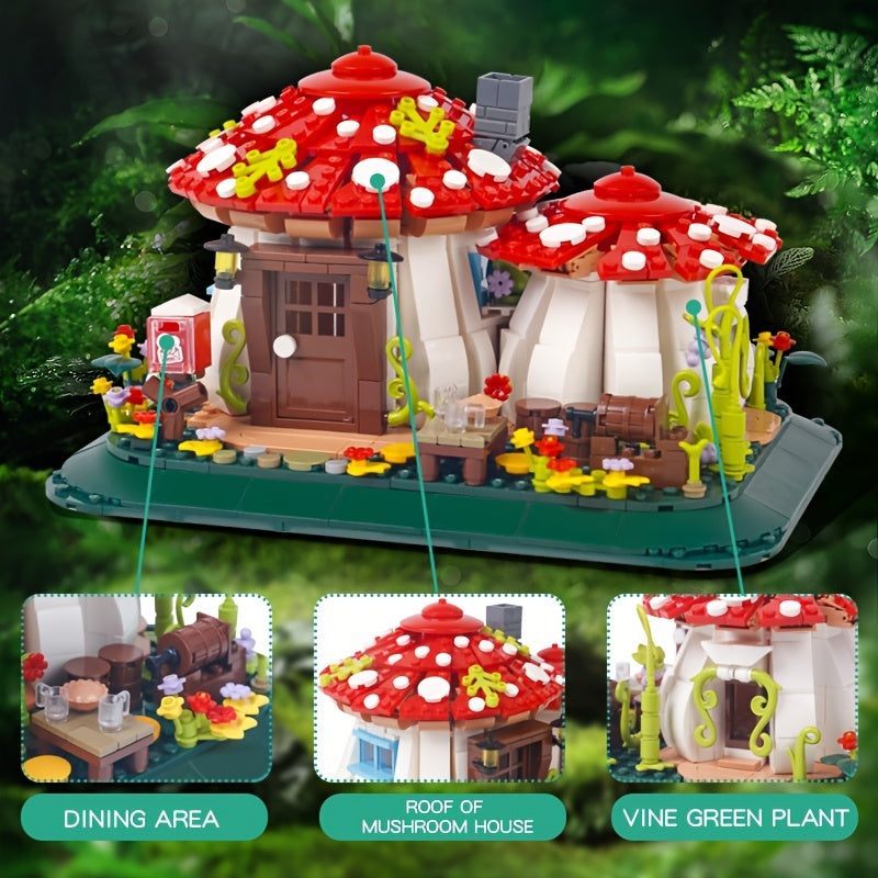 Mushroom House Building Blocks Set with Mushrooms Flowers Pathway