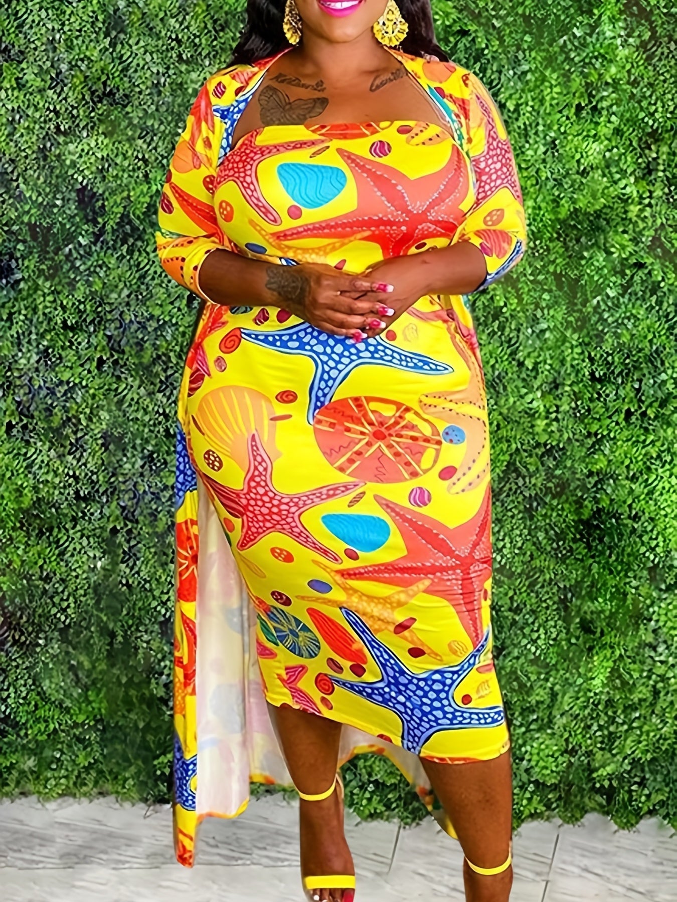  Graphic Print Tube Dress & Cardigan Set