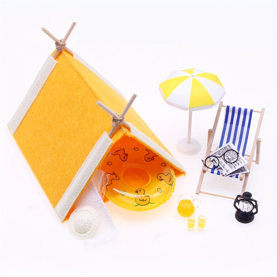 Summer Dollhouse Decor Yellow Tent Duck Swim Ring Tea Set