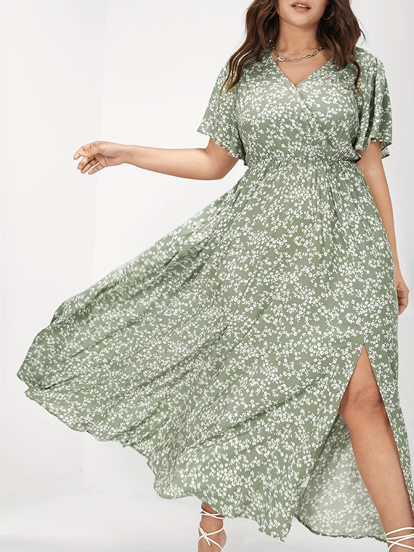  Boho Dress Floral Print Ruffle Sleeve Maxi Dress