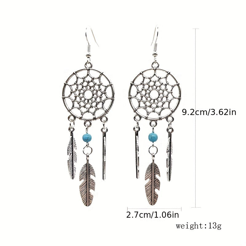 Feather Pine Stone Dream Catcher Earrings Vintage Ear Jewelry