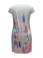 Feather Print Short Sleeve V-Neck Stretch Dress