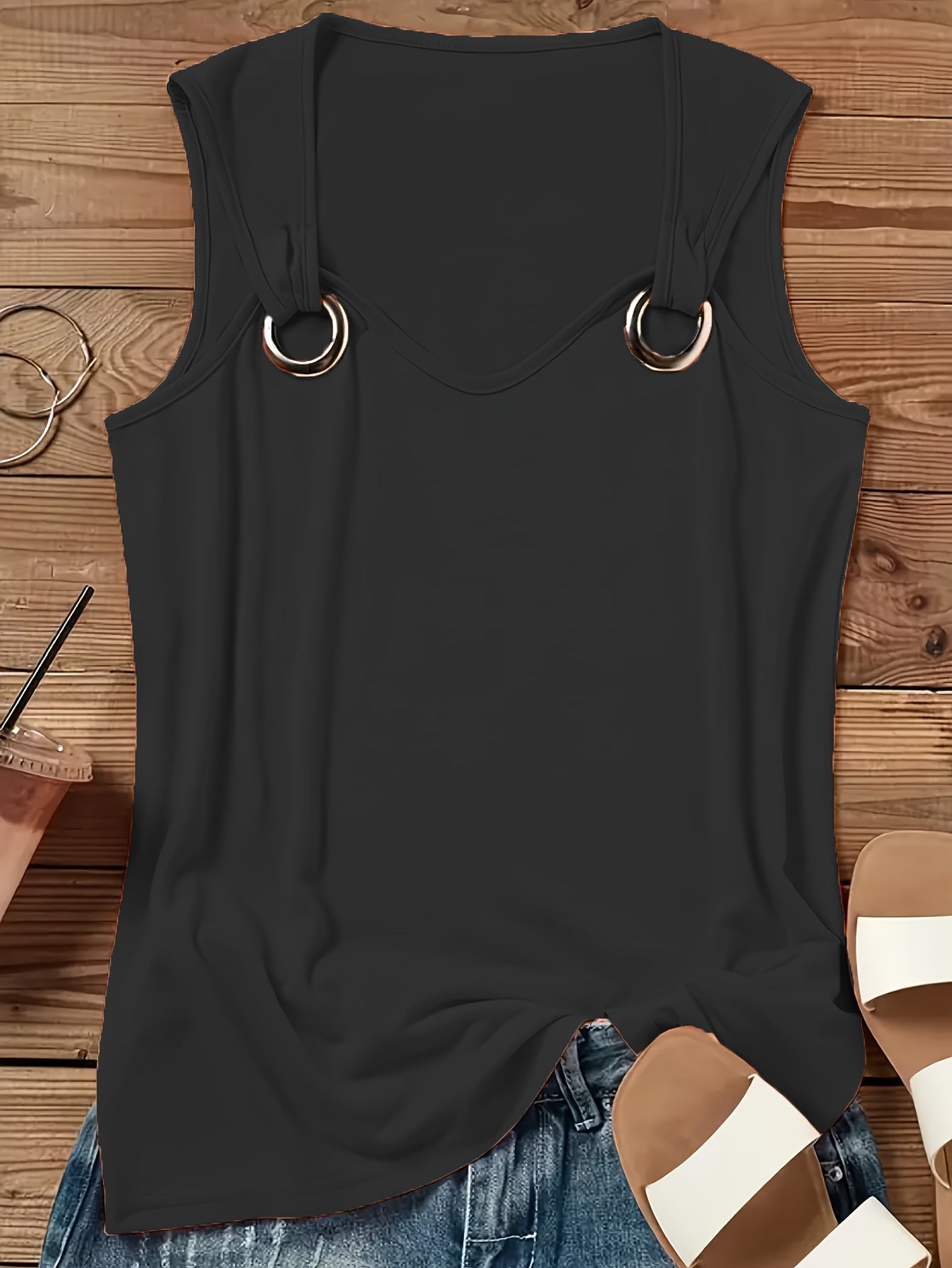  Solid Grommet V Neck Tank Top