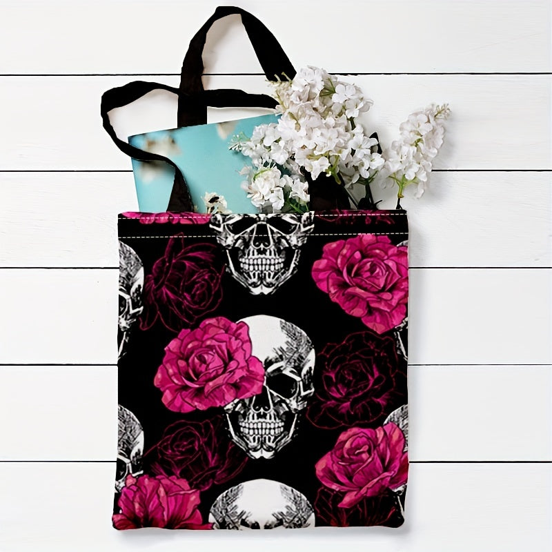 Canvas Tote Bag Skull & Floral Print Lightweight Shopping Bag