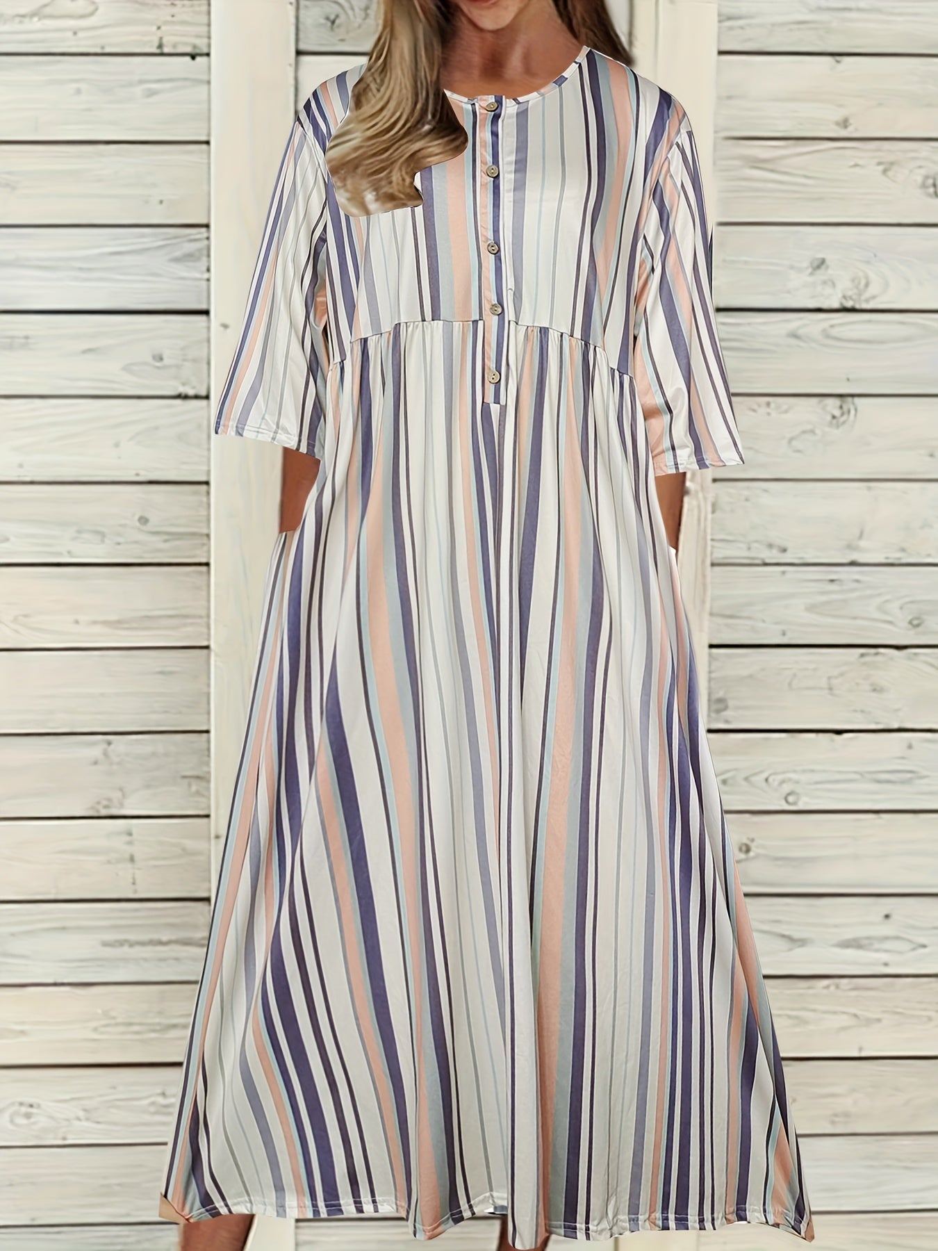  Stripe Print Ruched V Neck Short Sleeve Dress