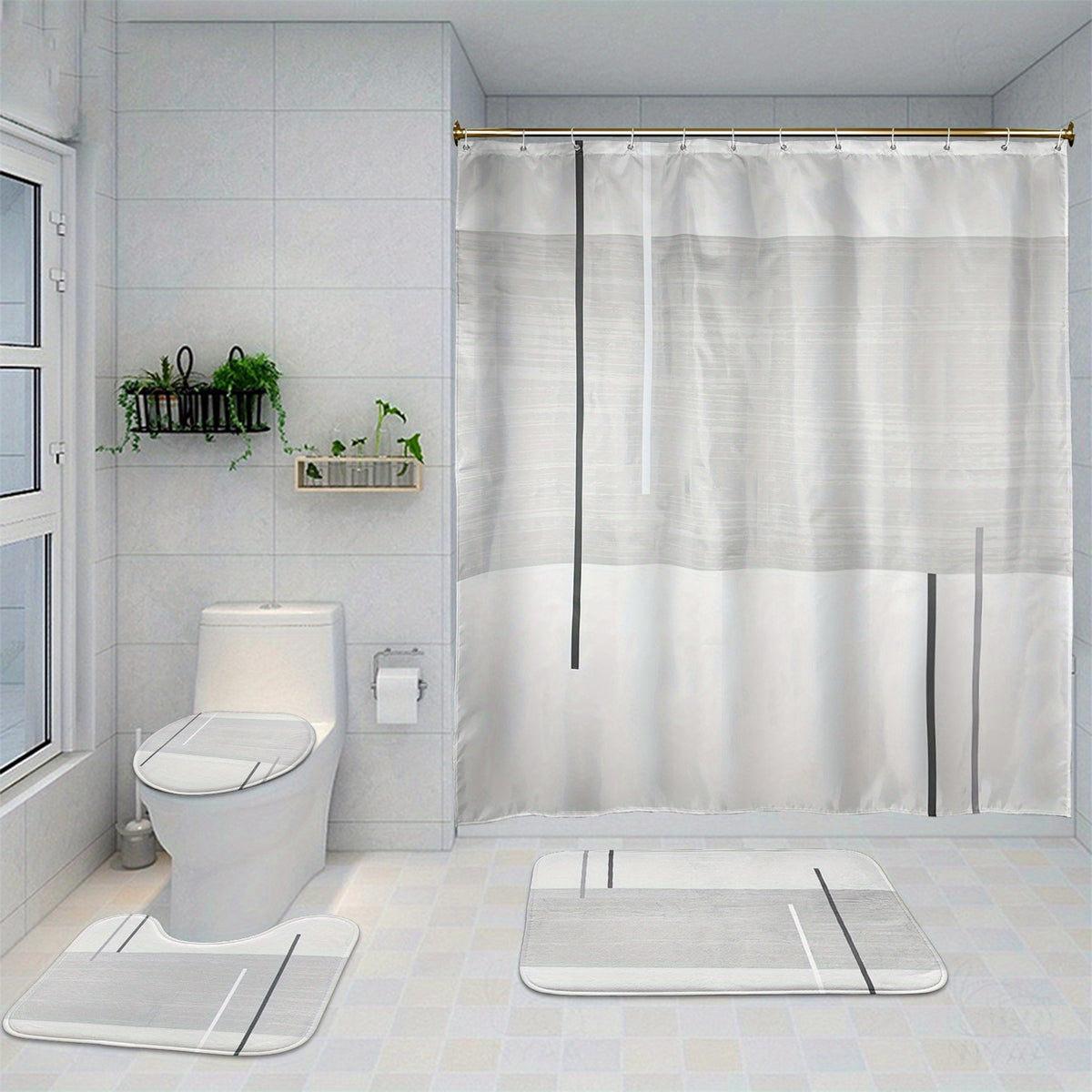 4 Piece Abstract Shower Curtain Set with Non Slip Mat, Lid Cover & 12 Hooks