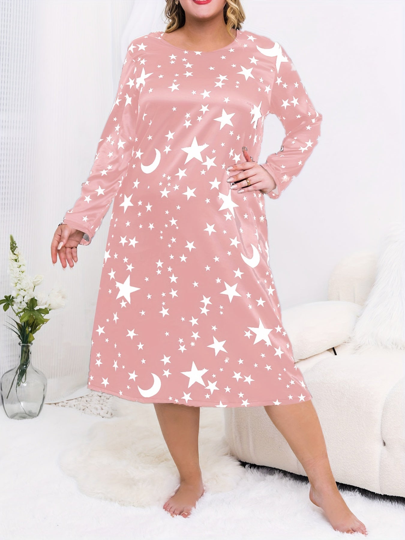  Star & Moon Print Long Sleeve Nightdress