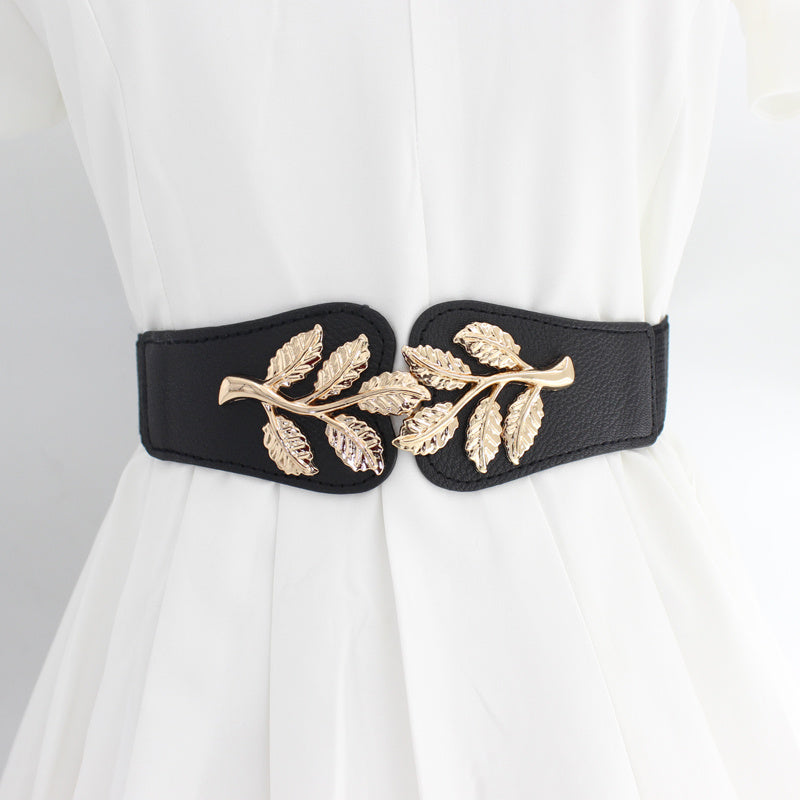 Metal Leaf Decoration Thin Elastic Waist Belt For Women