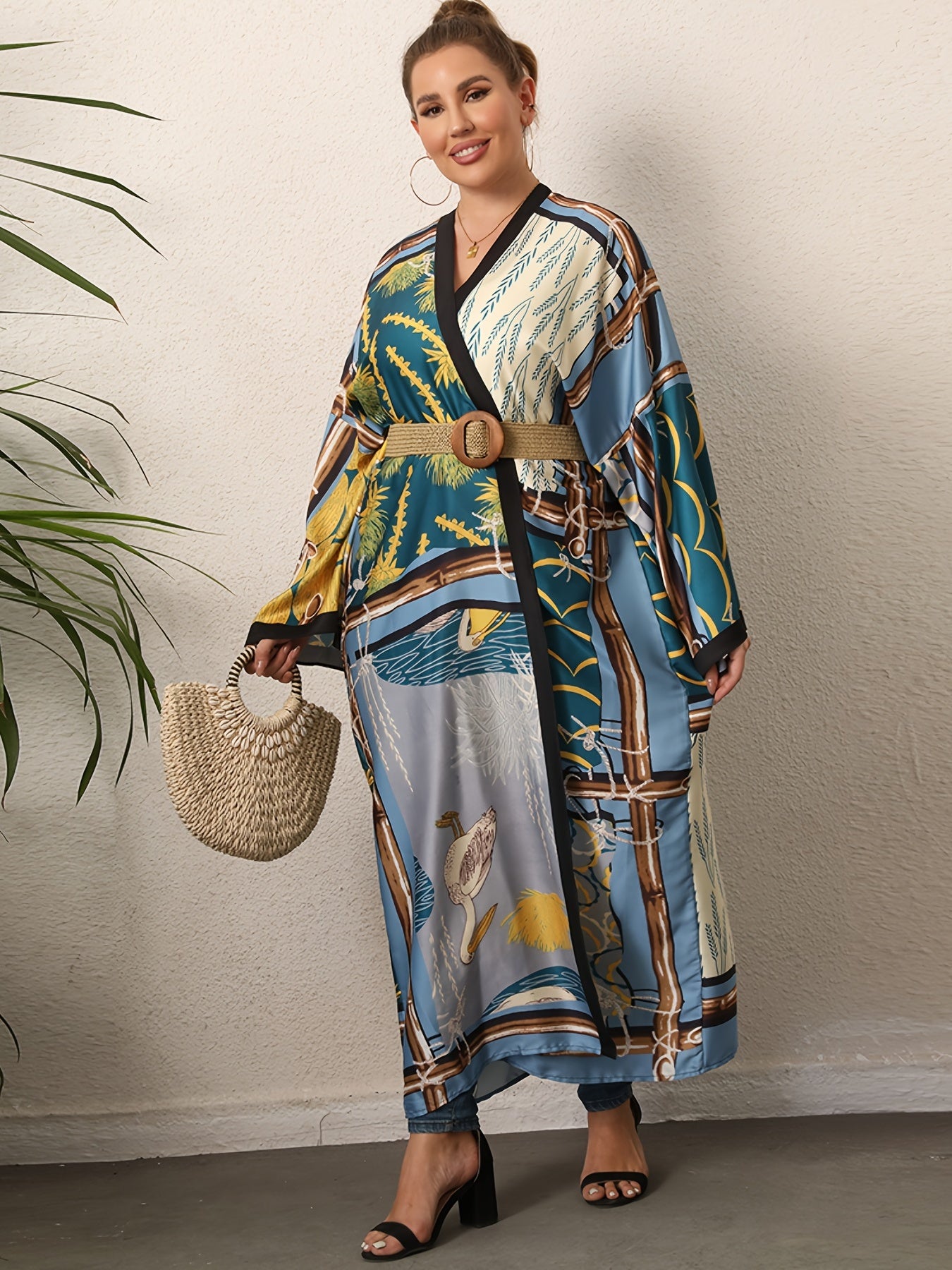  Boho Kimono Women's Plus Print Trim Long Sleeve Beach Cover Up