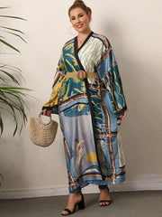  Boho Kimono Women's Plus Print Trim Long Sleeve Beach Cover Up