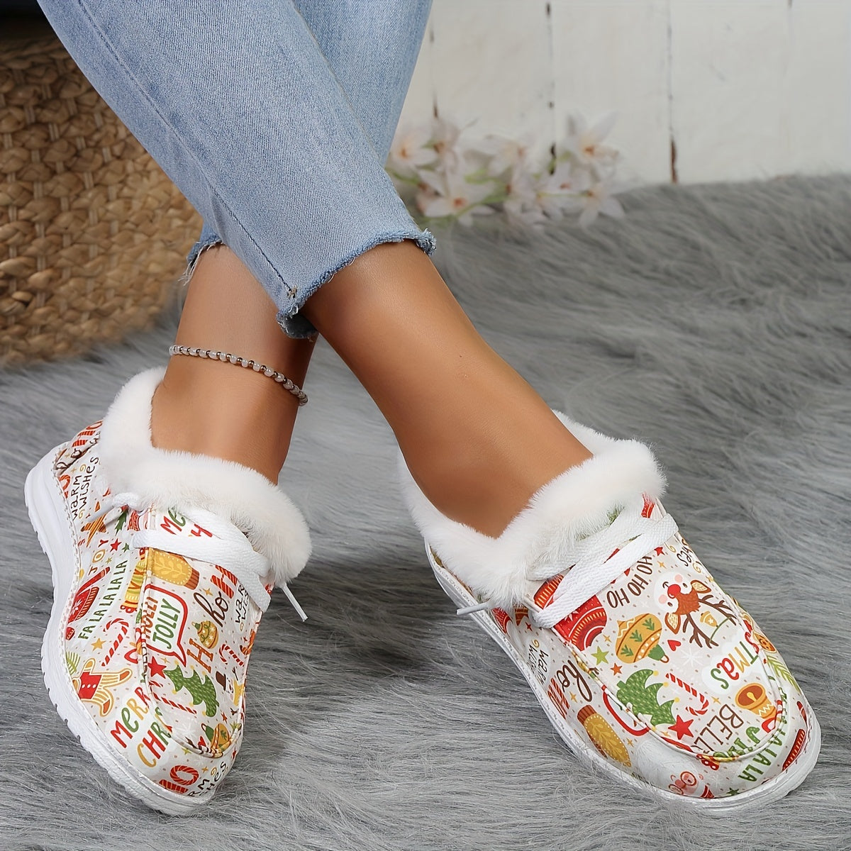 Christmas Print Plush Lined Furry Flat Lightweight Comfortable Skate Shoes