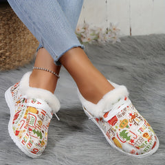Christmas Print Plush Lined Furry Flat Lightweight Comfortable Skate Shoes