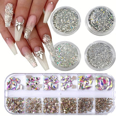 4 Boxes AB Crystal Nail Art Rhinestones Gemstones Pearls for Nails