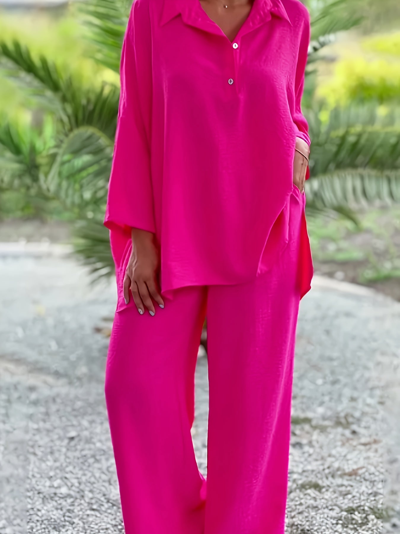  Casual Outfits Set Women's Solid Shirt & Pants Two Piece Set