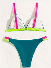 V Neck Backless Bikini Set Contrast Trim High Stretch Swimsuit Women
