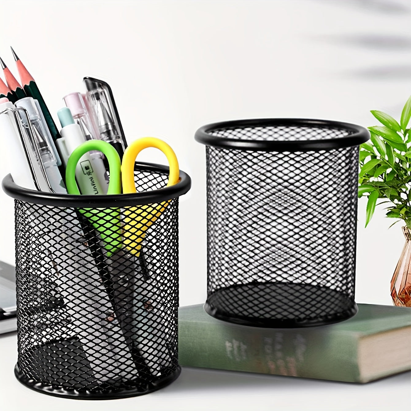 Iron Pen Holder Round Hollow Metal Desktop Office Storage Box