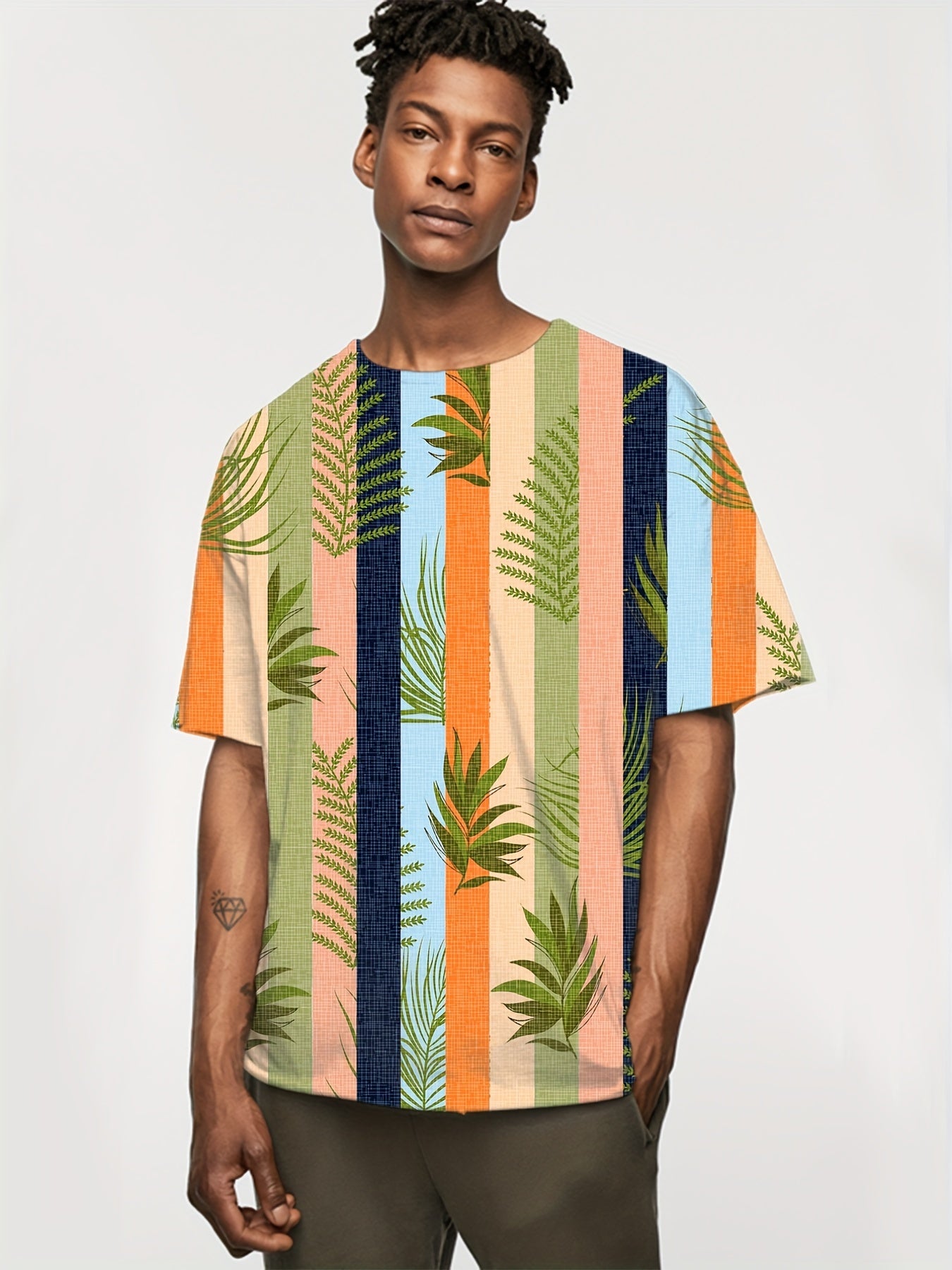 Stripe & Leaf Print Men's Graphic T-shirt for Summer