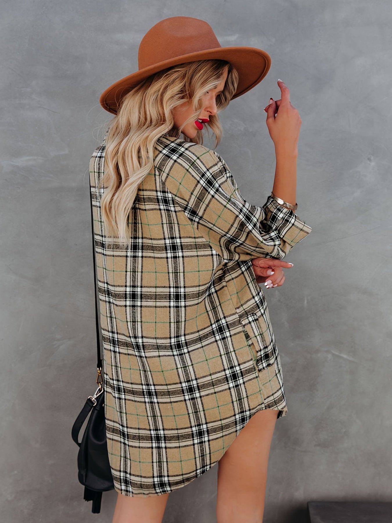  Plaid Print Long Sleeve Mini Shirt Dress