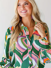  Casual Blouse Women's Plus Random Print Lantern Sleeve Button Up