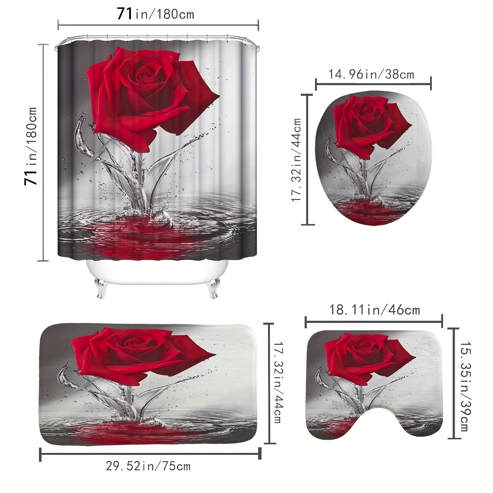 Romantic Floral Red Rose Shower Curtain Set with Non Slip Mat and Hooks
