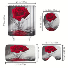 Romantic Floral Red Rose Shower Curtain Set with Non Slip Mat and Hooks