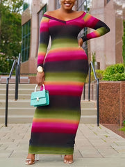  Stripe Print Ribbed V Neck Maxi Dress