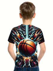 Boy's Basketball Print Casual Tee Short Sleeve Crew Neck T-shirt