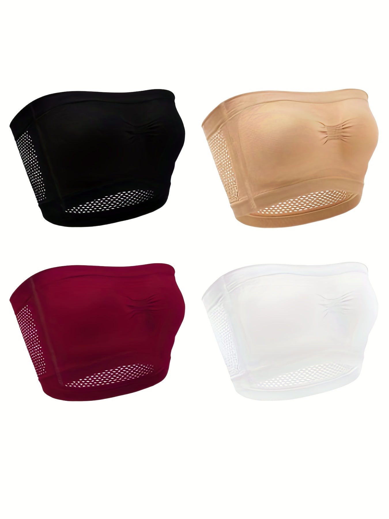 4 Pack Plus Size Basic Tube Bra Women's Plus Plain Ruched Eyelet Embroidered Tub